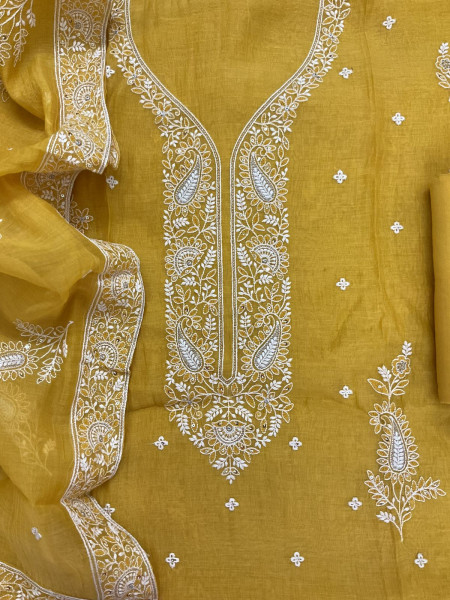 Image of Pure Mul Chanderi Embroidered Suit - Yellow