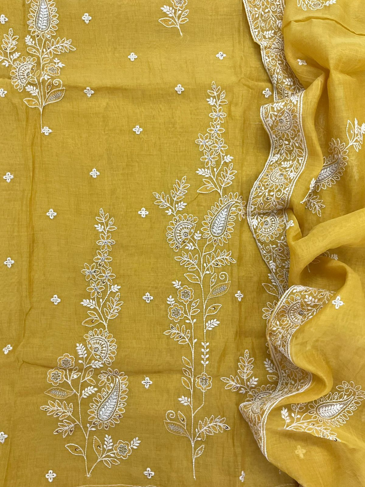 Pure Mul Chanderi Embroidered Suit - Yellow