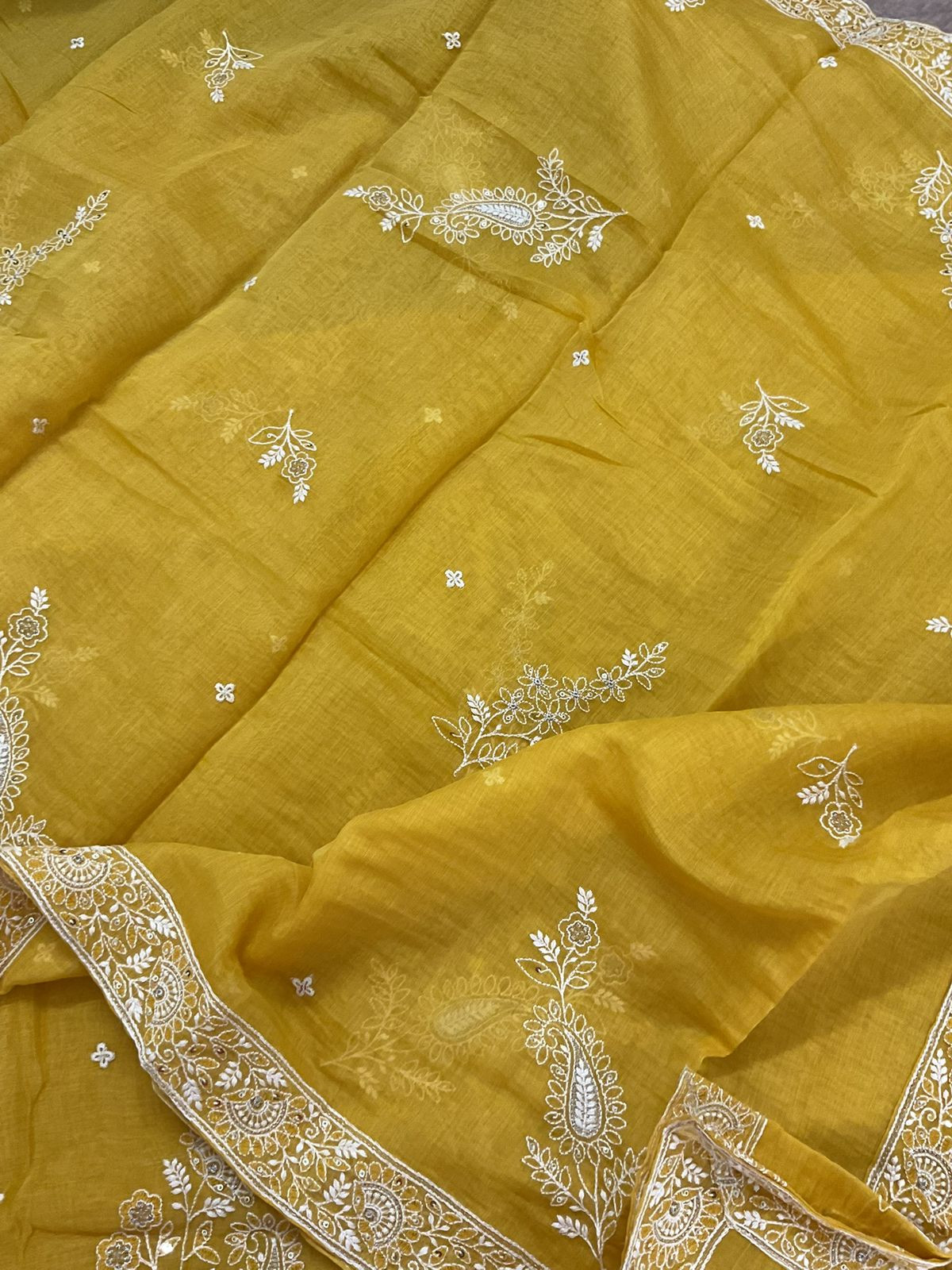 Pure Mul Chanderi Embroidered Suit - Yellow