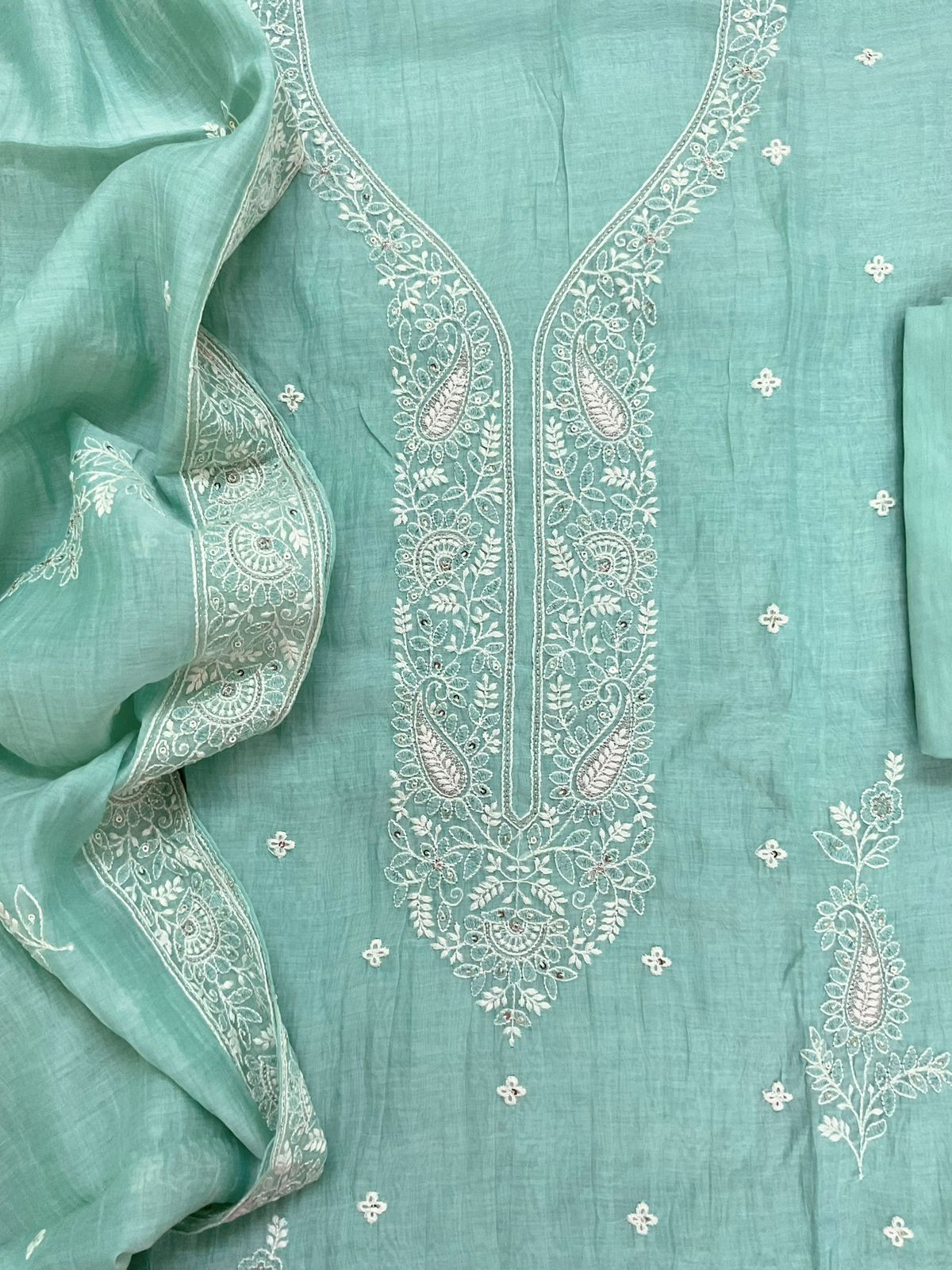 Pure Mul Chanderi Embroidered Suit - Sea Green