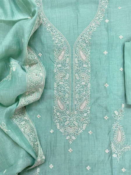 Image of Pure Mul Chanderi Embroidered Suit - Sea Green