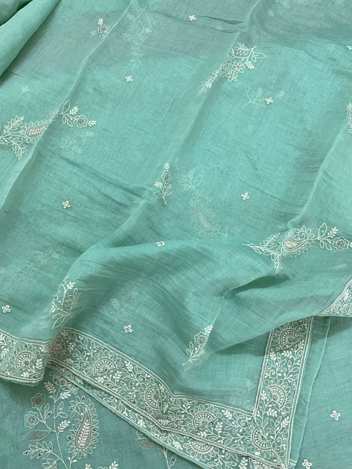 Pure Mul Chanderi Embroidered Suit - Sea Green
