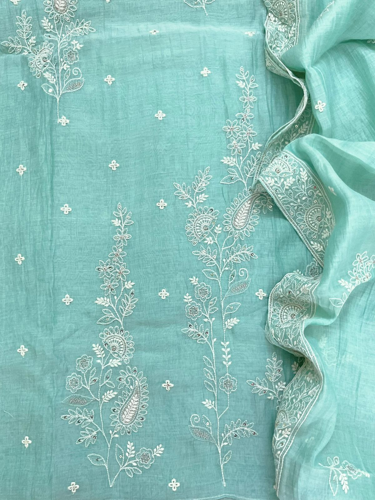 Pure Mul Chanderi Embroidered Suit - Sea Green
