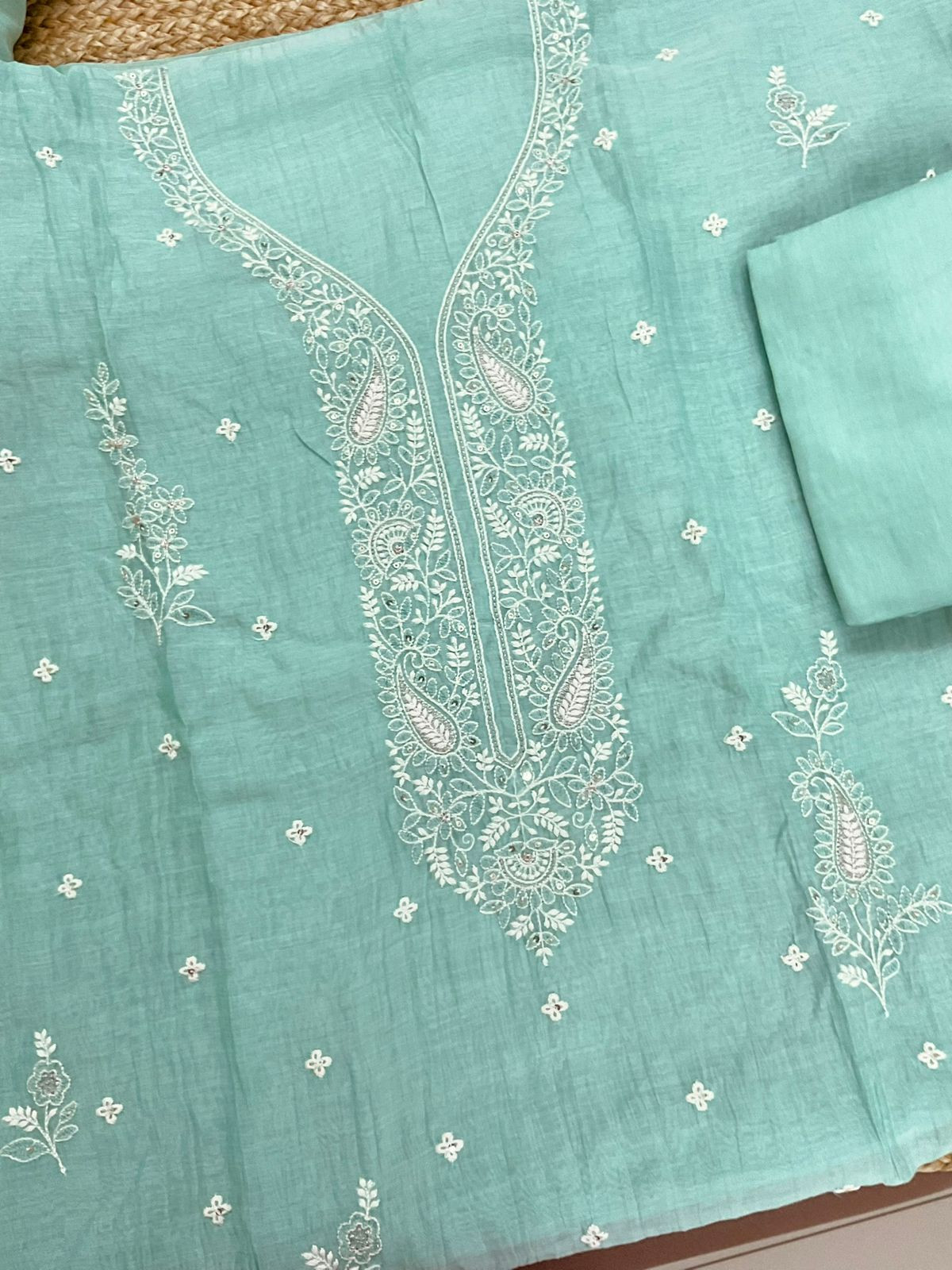 Pure Mul Chanderi Embroidered Suit - Sea Green