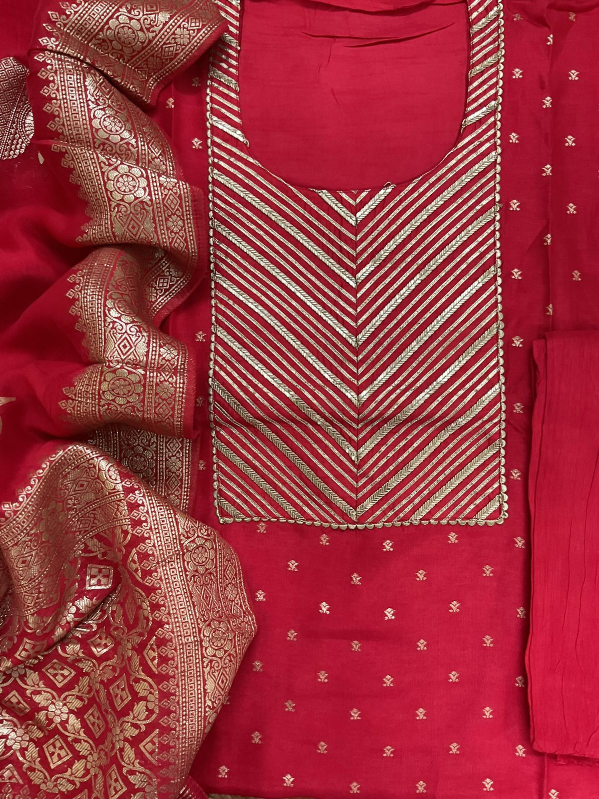 Soft Dola Silk Banarasi Weaved Embroidered Suit - Red