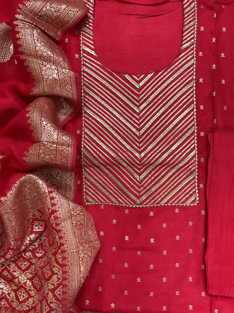 Image of Soft Dola Silk Banarasi Weaved Embroidered Suit - Red