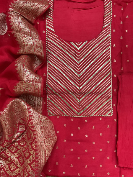 Image of Soft Dola Silk Banarasi Weaved Embroidered Suit - Red