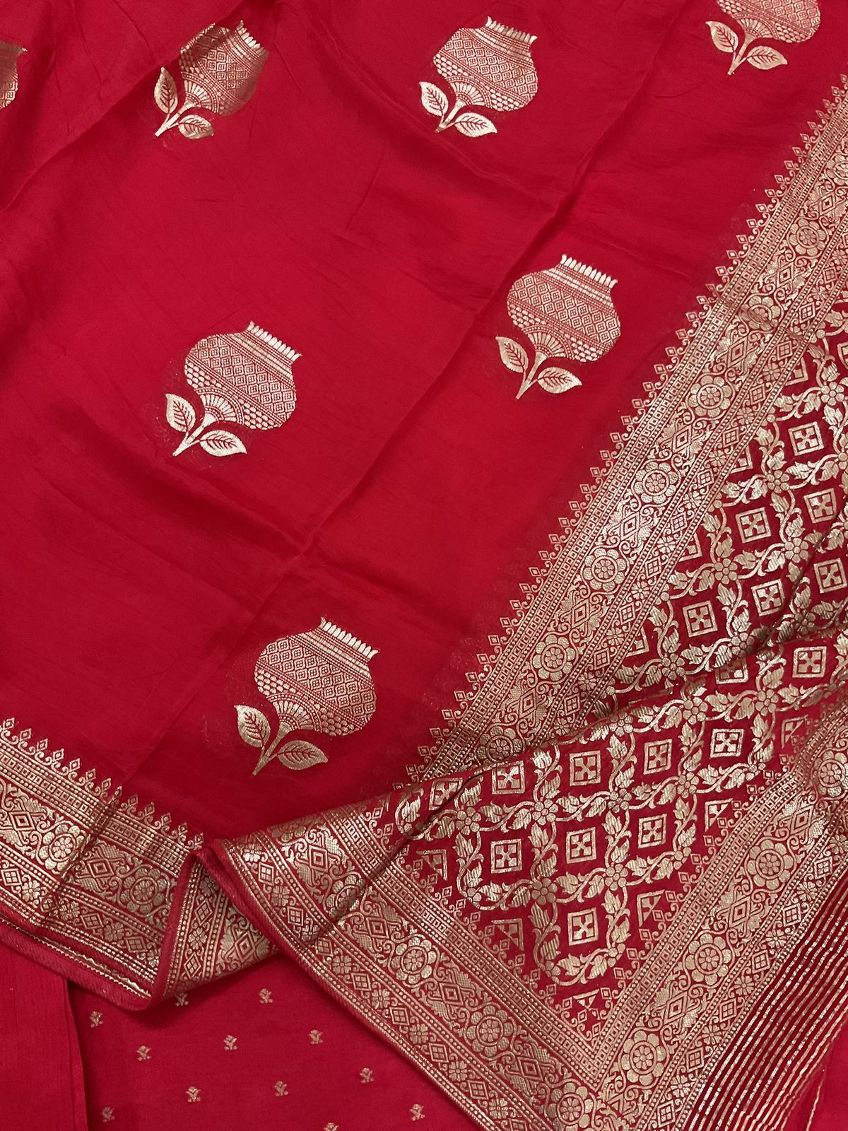 Soft Dola Silk Banarasi Weaved Embroidered Suit - Red