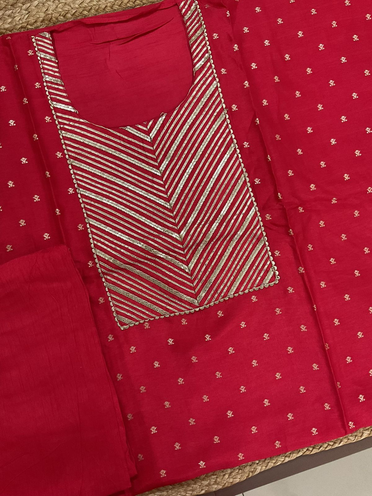 Soft Dola Silk Banarasi Weaved Embroidered Suit - Red