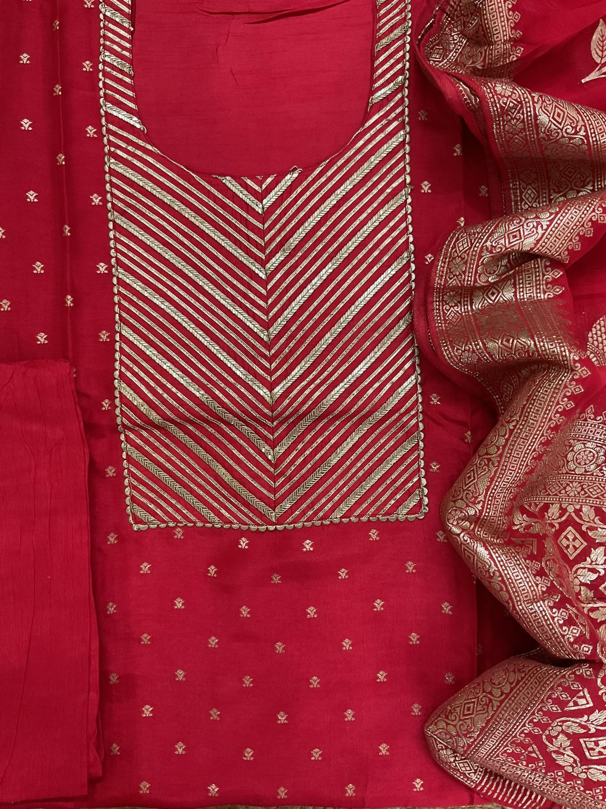 Soft Dola Silk Banarasi Weaved Embroidered Suit - Red