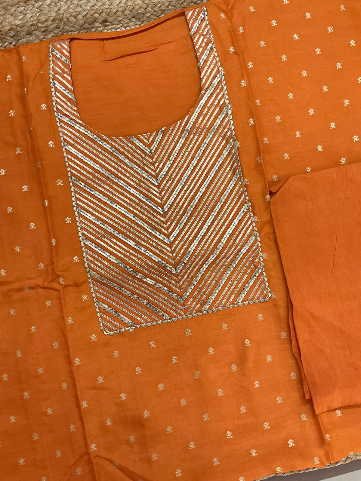 Soft Dola Silk Banarasi Weaved Embroidered Suit - Orange