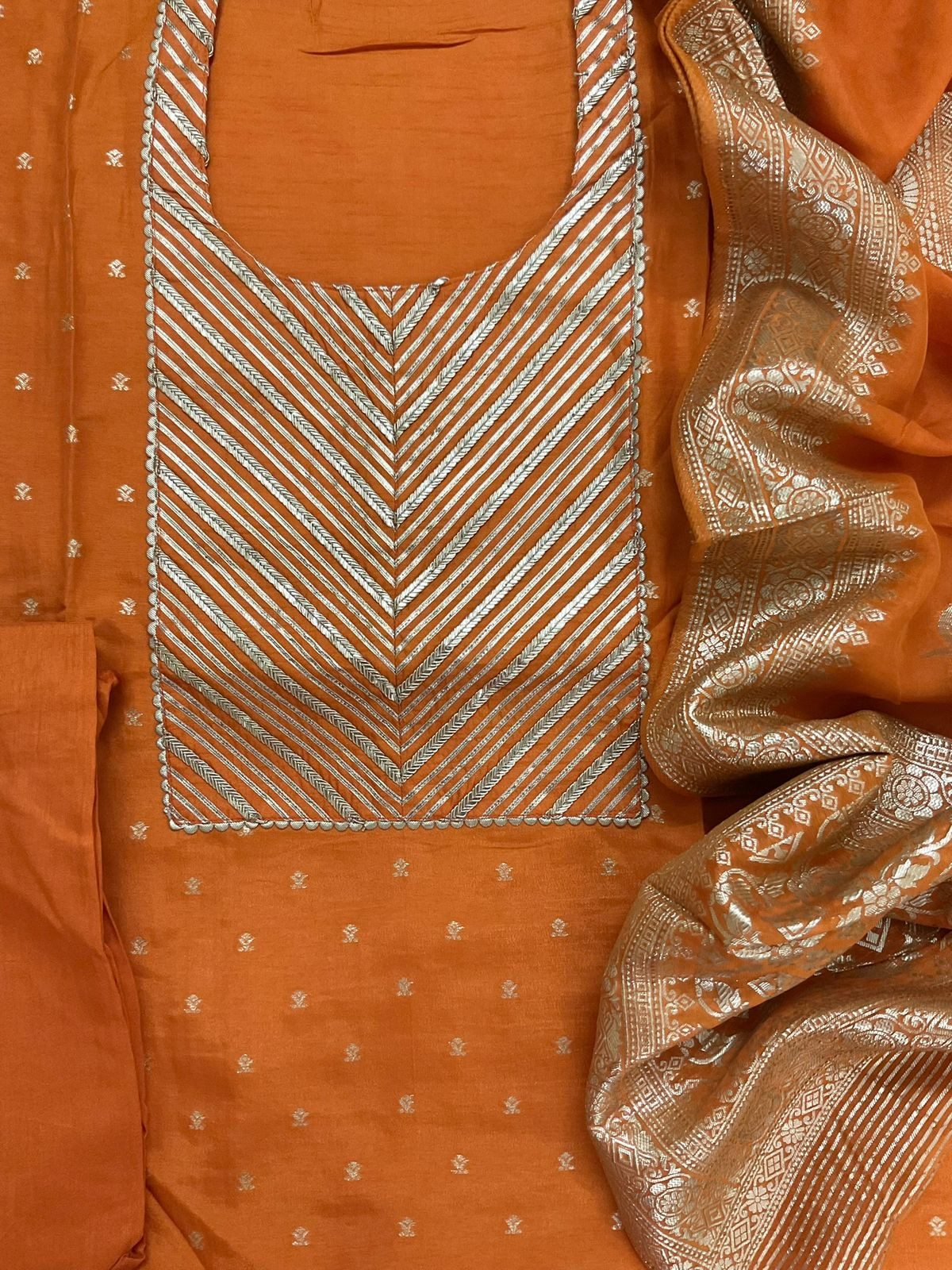 Soft Dola Silk Banarasi Weaved Embroidered Suit - Orange