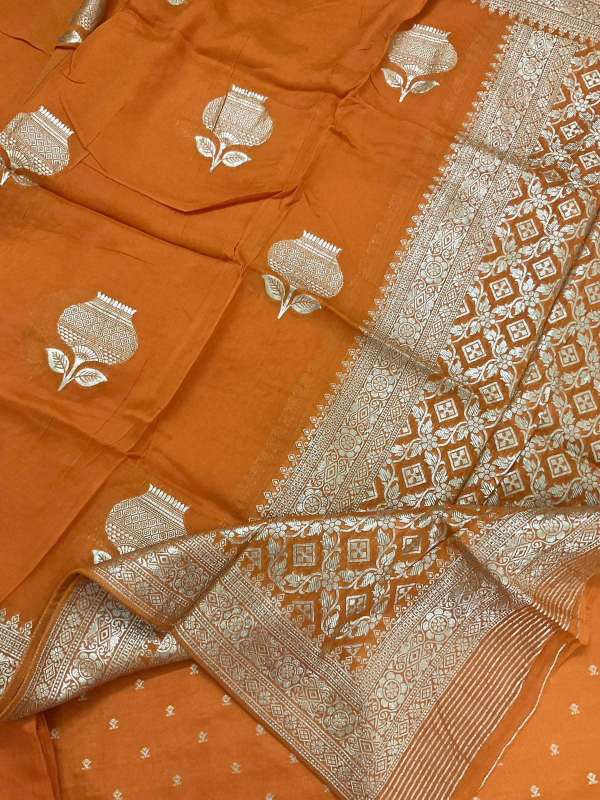 Soft Dola Silk Banarasi Weaved Embroidered Suit - Orange