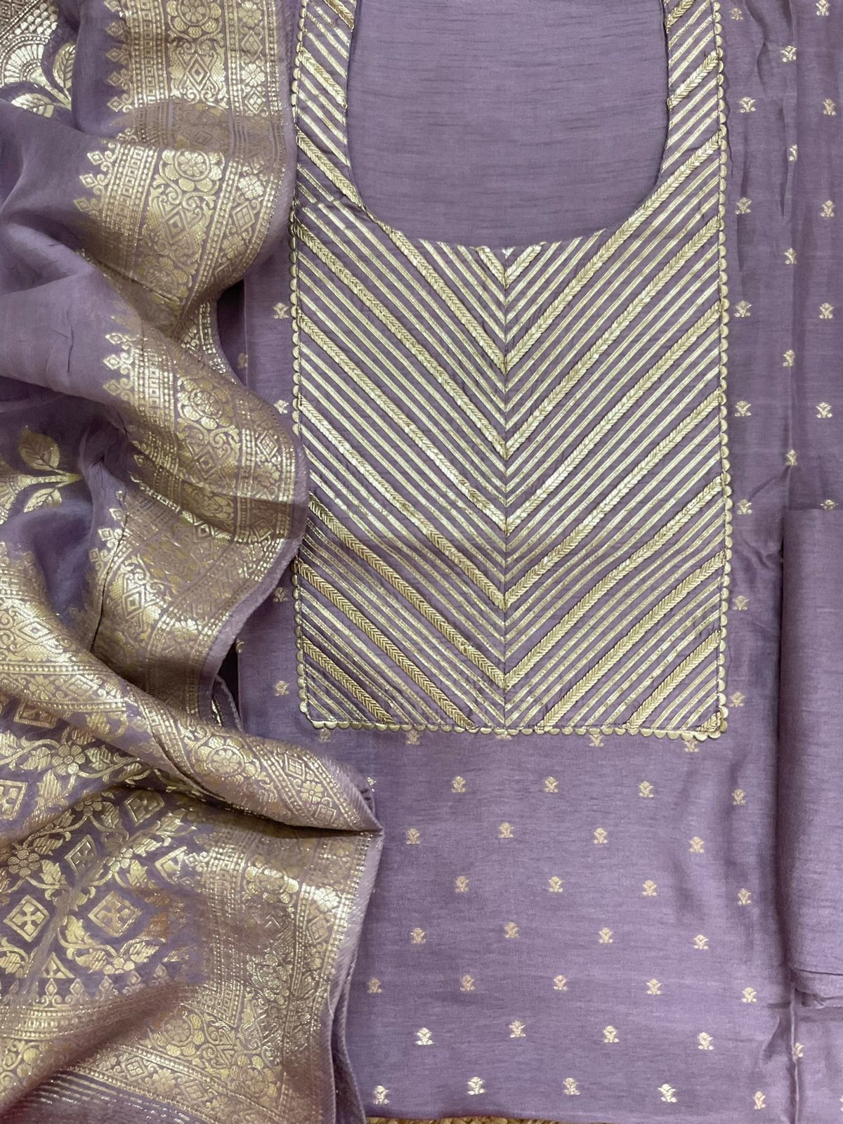 Soft Dola Silk Banarasi Weaved Embroidered Suit - Lavender