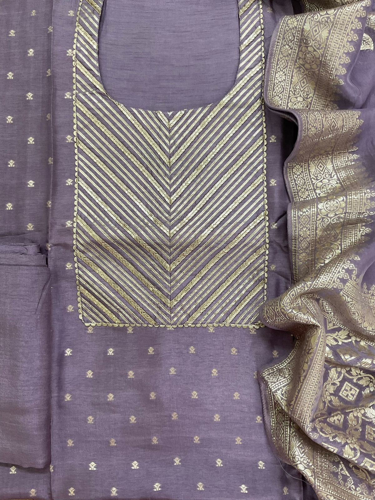 Soft Dola Silk Banarasi Weaved Embroidered Suit - Lavender