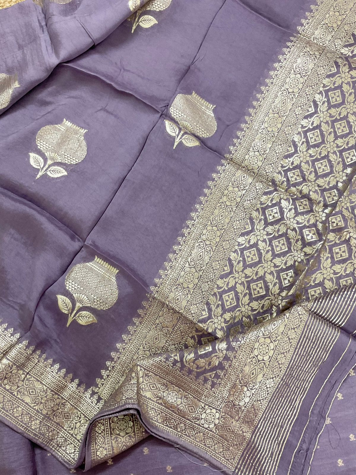 Soft Dola Silk Banarasi Weaved Embroidered Suit - Lavender
