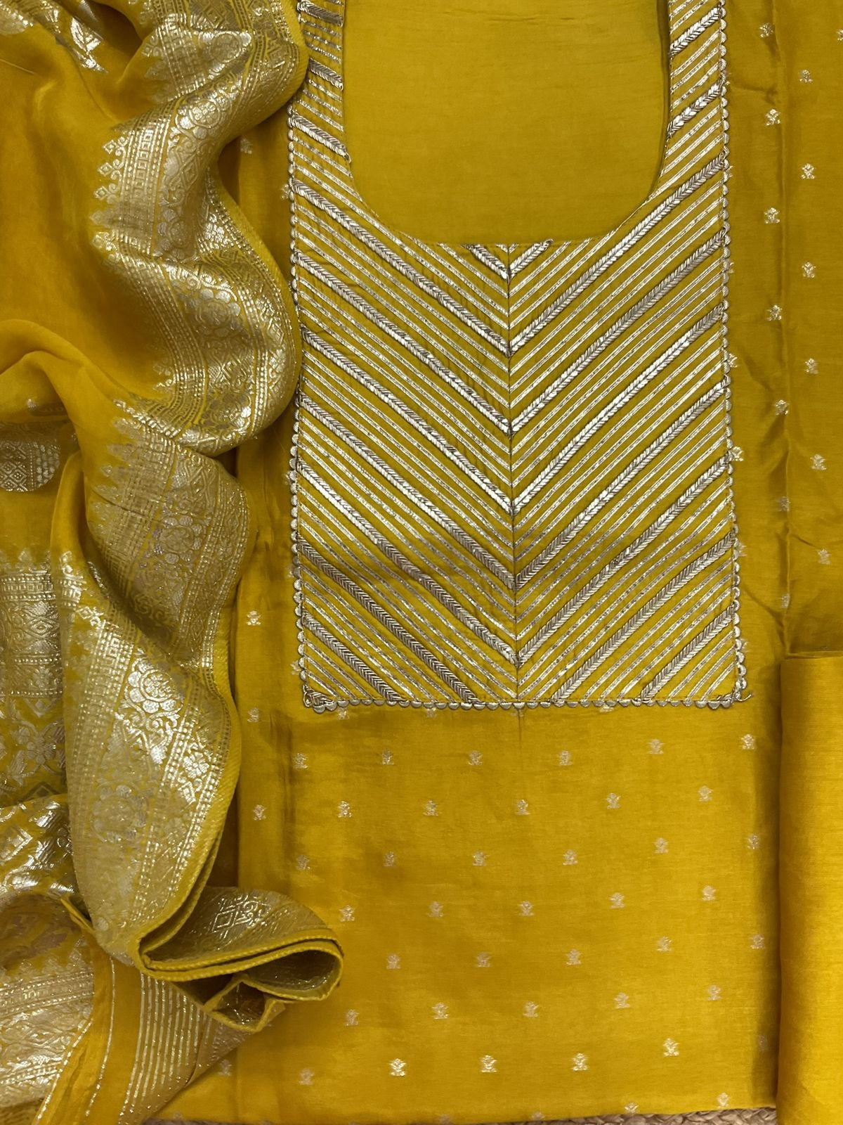 Soft Dola Silk Banarasi Weaved Embroidered Suit - Yellow