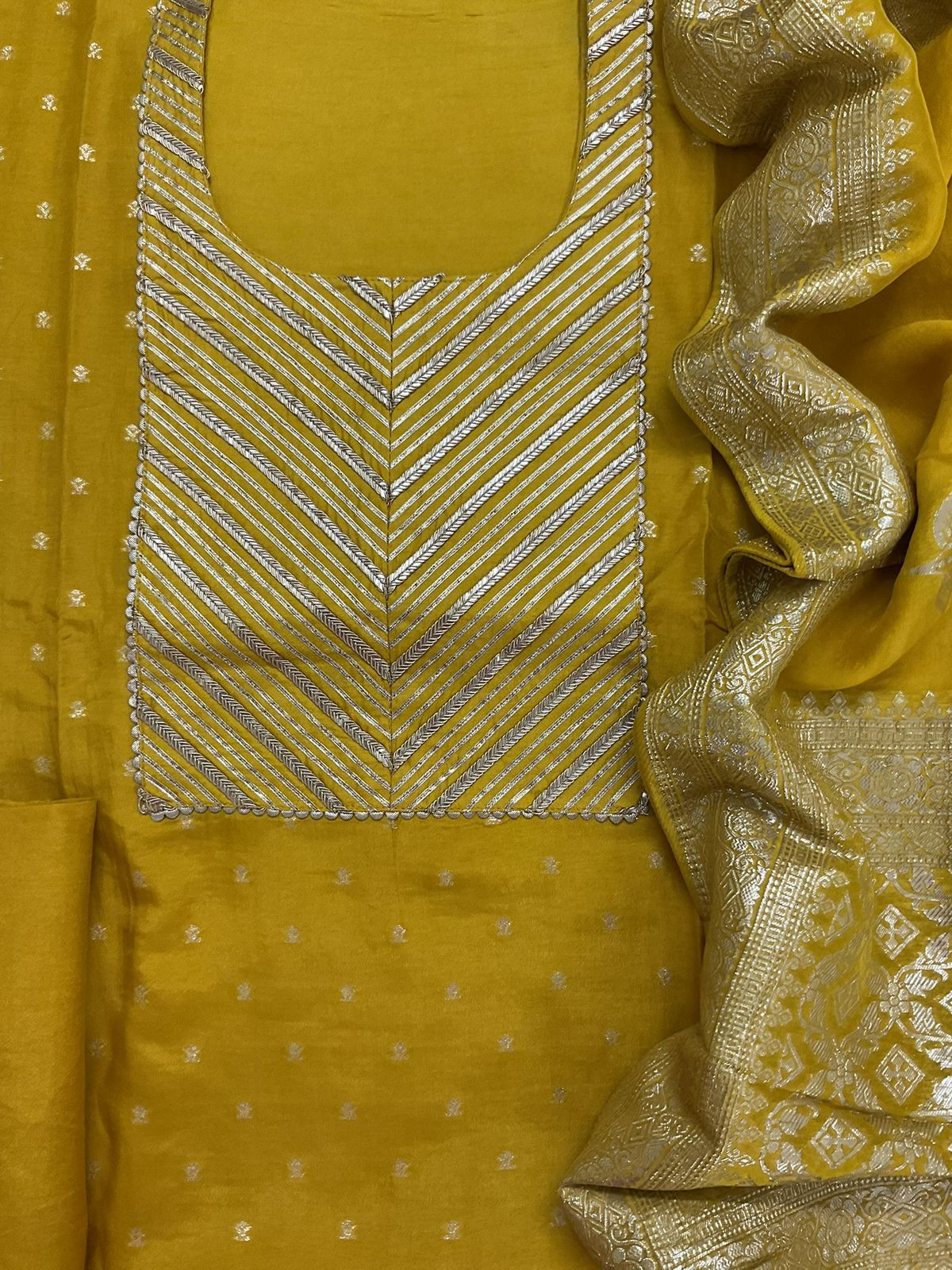 Soft Dola Silk Banarasi Weaved Embroidered Suit - Yellow
