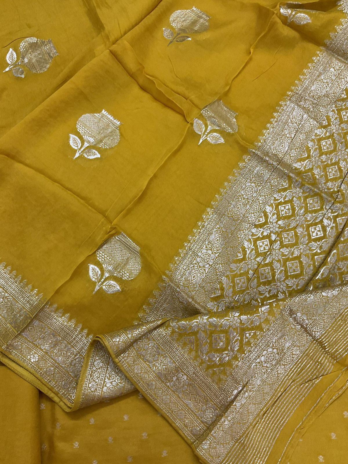 Soft Dola Silk Banarasi Weaved Embroidered Suit - Yellow