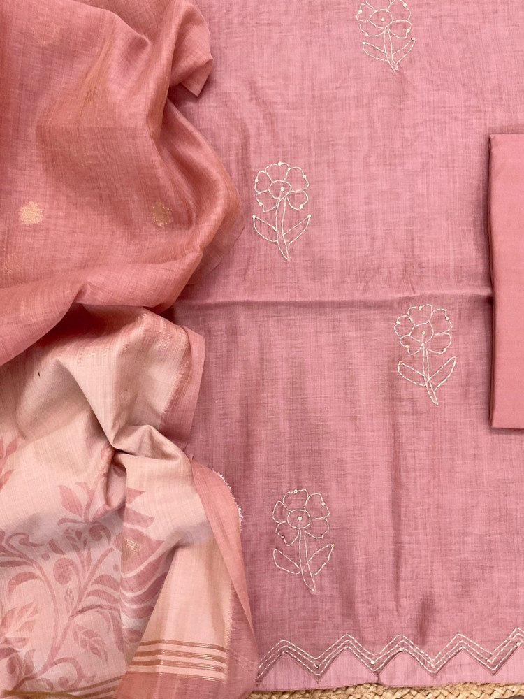 Image of Soft Kora Chanderi Jamdani Weaved Embroidered Suit - Pink