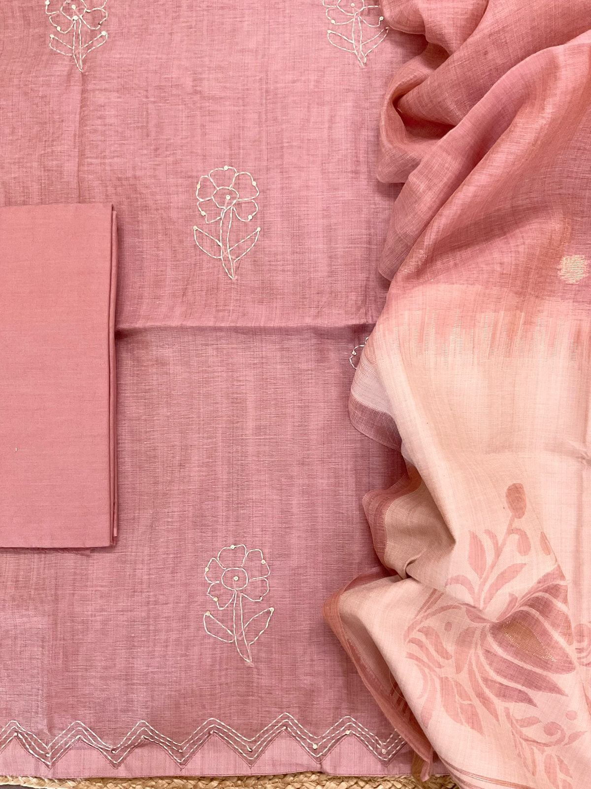 Soft Kora Chanderi Jamdani Weaved Embroidered Suit - Pink
