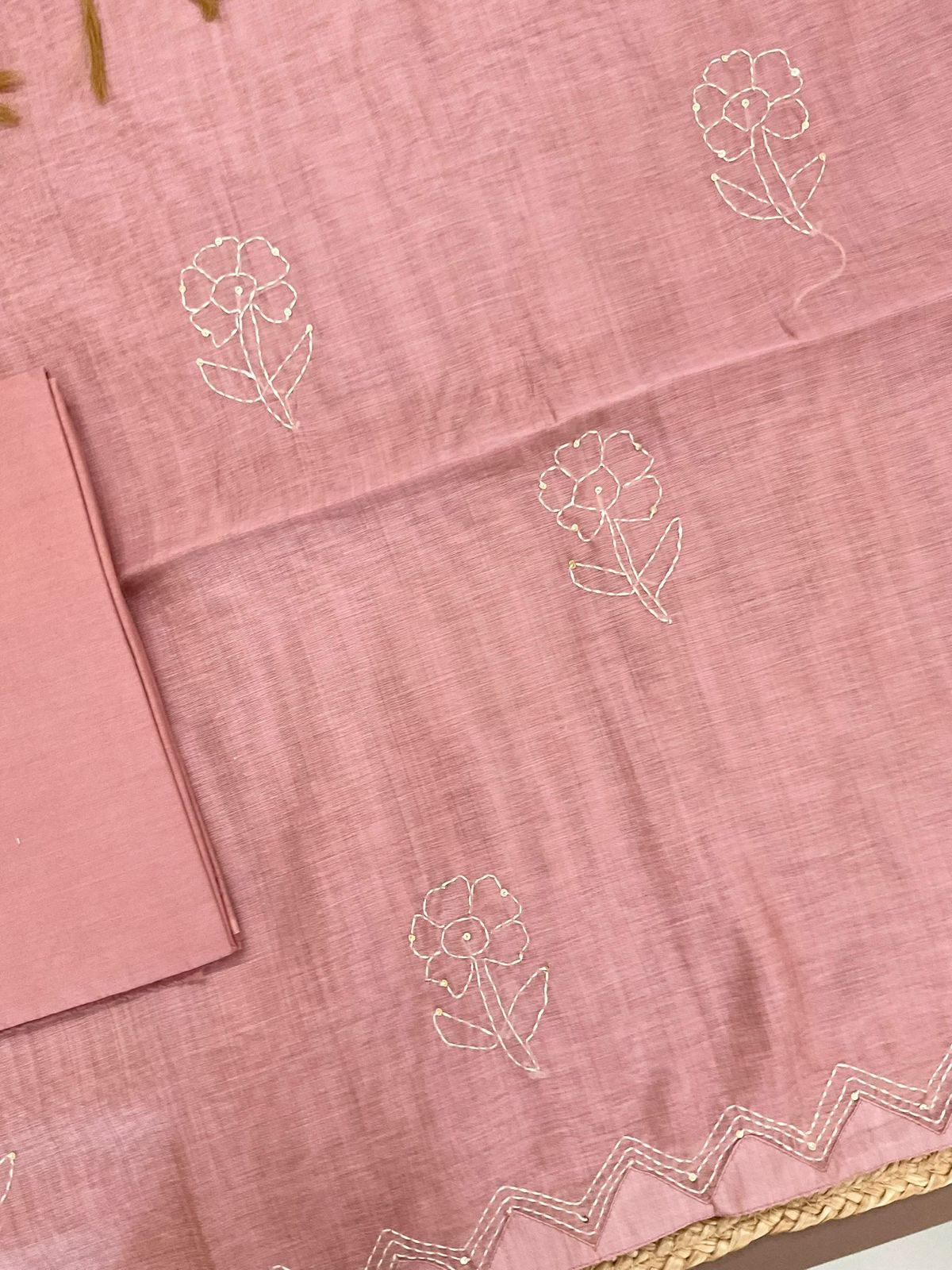 Soft Kora Chanderi Jamdani Weaved Embroidered Suit - Pink