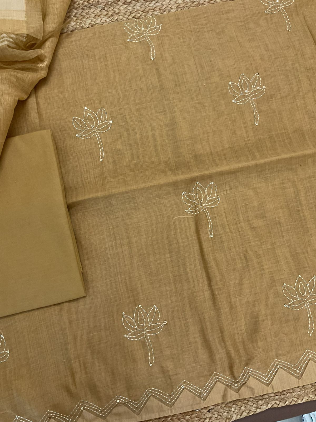 Soft Kora Chanderi Jamdani Weaved Embroidered Suit - Yellow