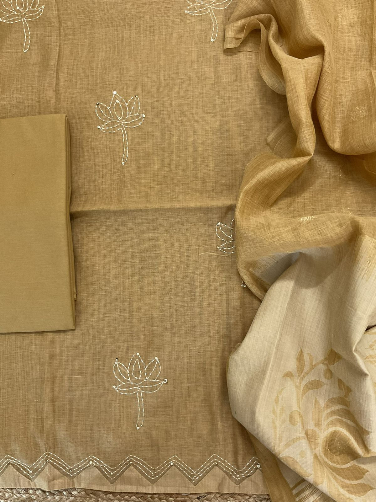 Soft Kora Chanderi Jamdani Weaved Embroidered Suit - Yellow