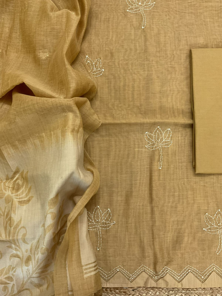 Image of Soft Kora Chanderi Jamdani Weaved Embroidered Suit - Yellow