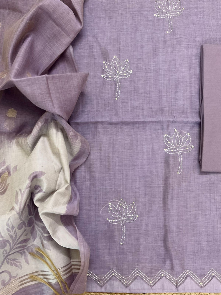 Image of Soft Kora Chanderi Jamdani Weaved Embroidered Suit - Lavender