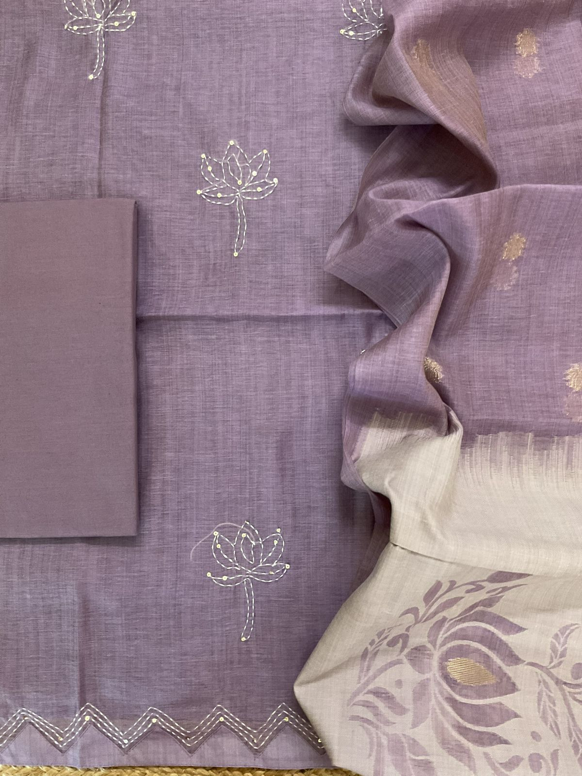 Soft Kora Chanderi Jamdani Weaved Embroidered Suit - Lavender