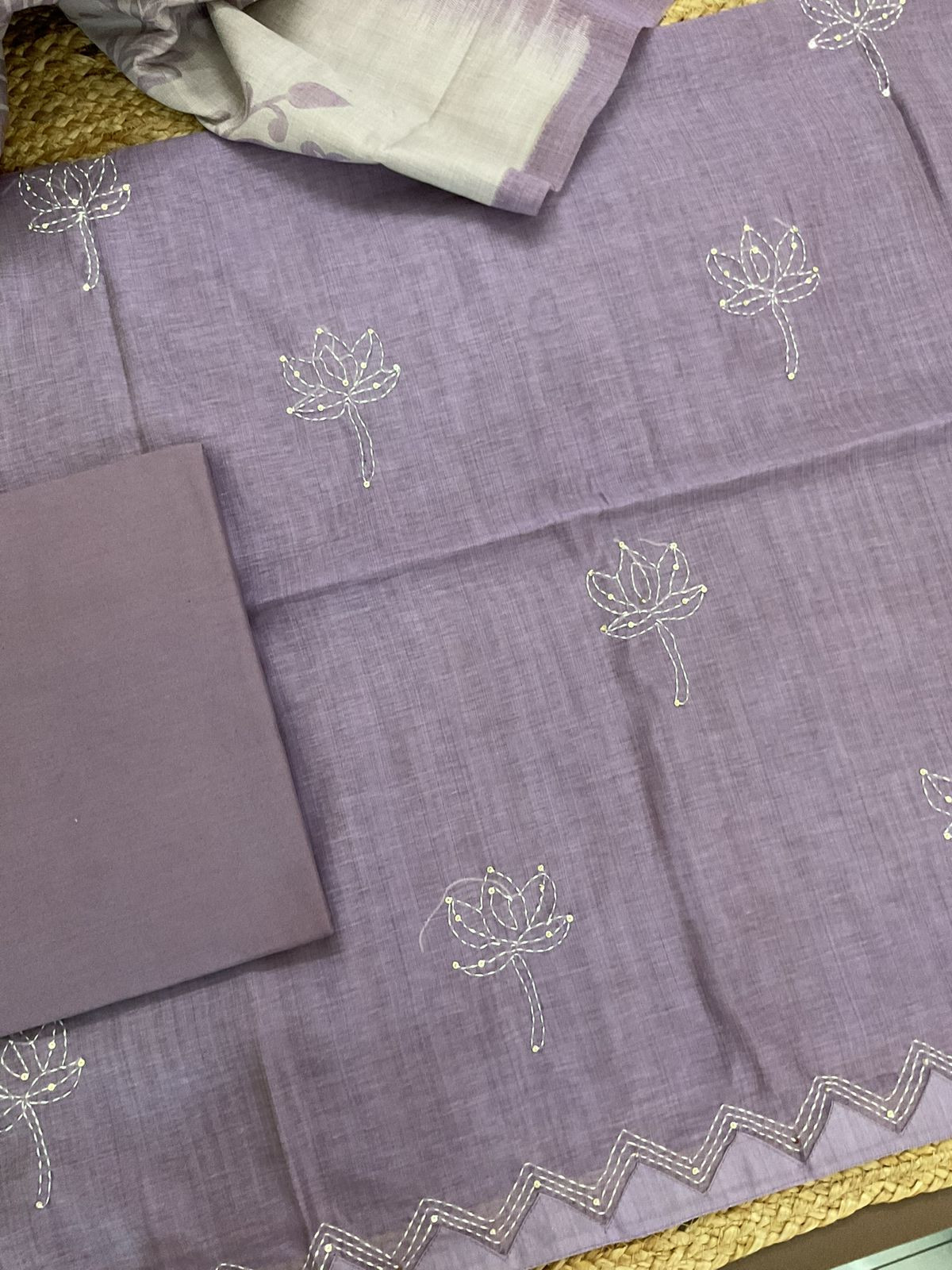 Soft Kora Chanderi Jamdani Weaved Embroidered Suit - Lavender