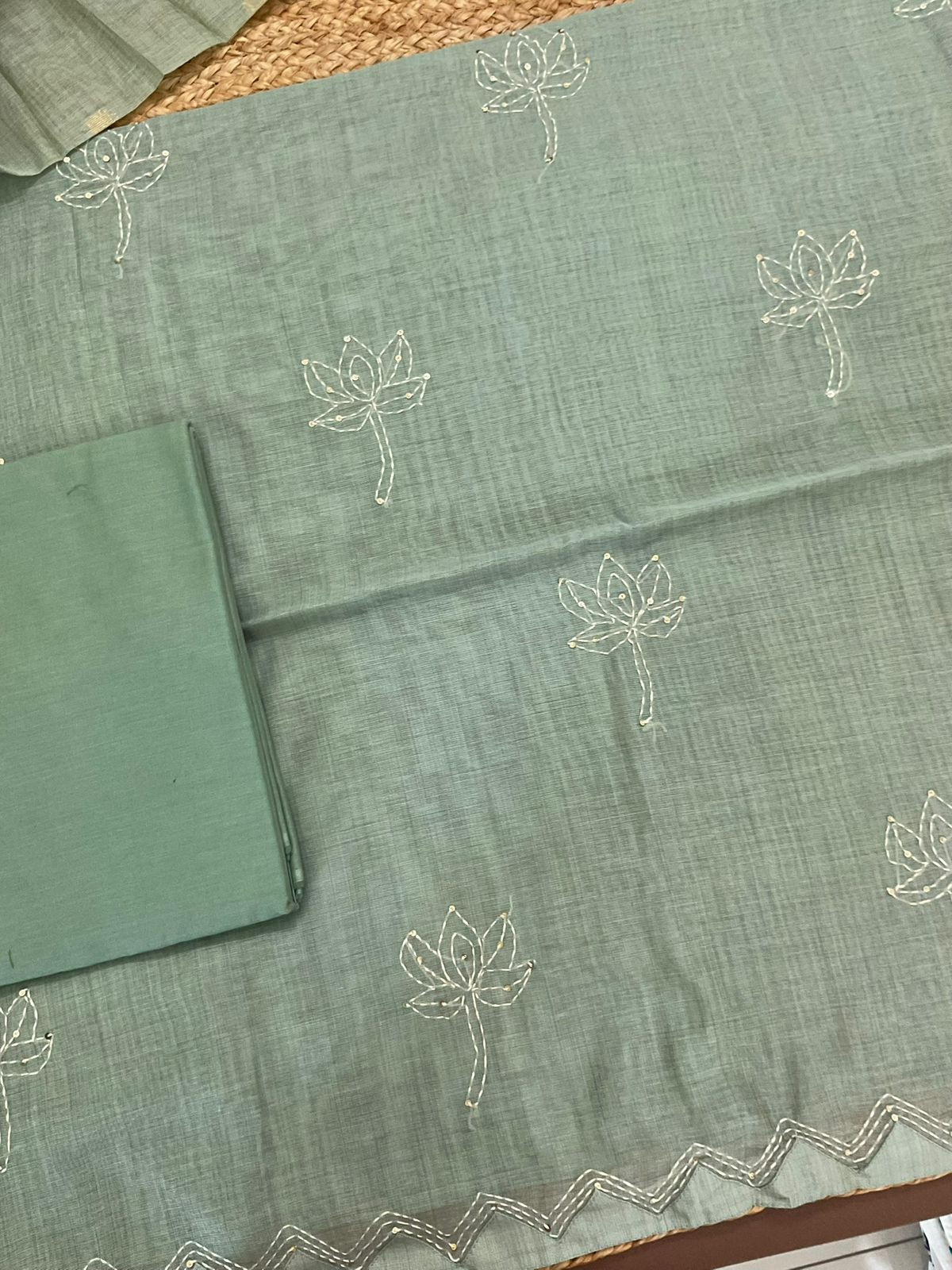 Soft Kora Chanderi Jamdani Weaved Embroidered Suit - Green
