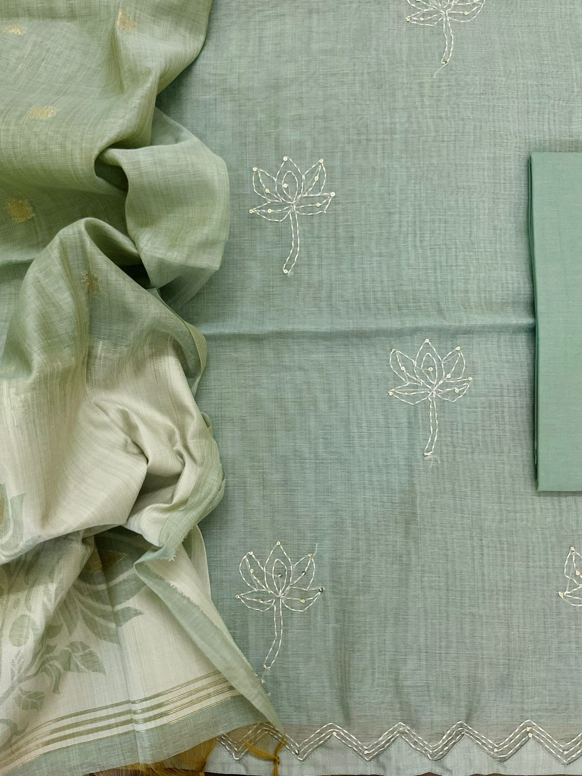 Soft Kora Chanderi Jamdani Weaved Embroidered Suit - Green