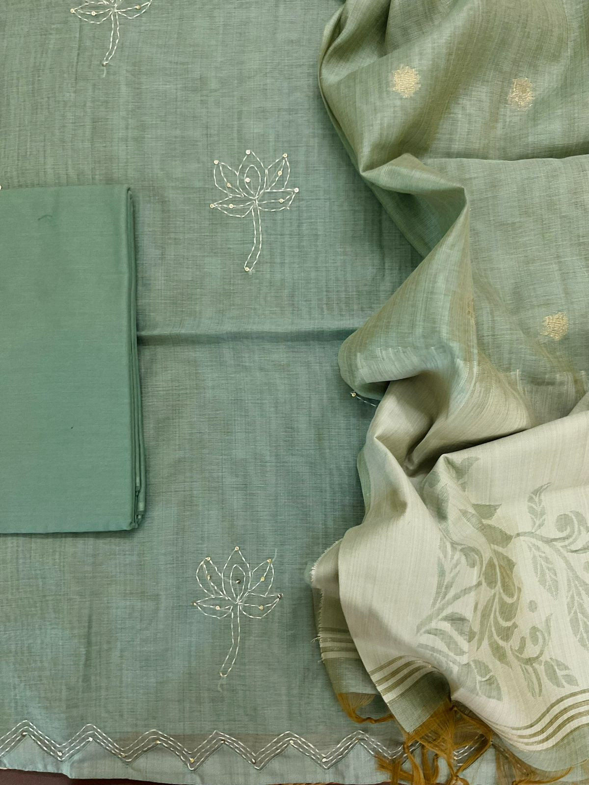 Soft Kora Chanderi Jamdani Weaved Embroidered Suit - Green