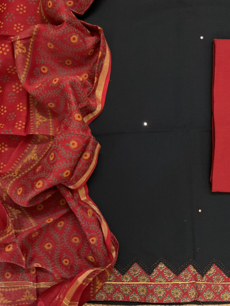 Image of Pure Cotton Printed Embroidered Suit - Black