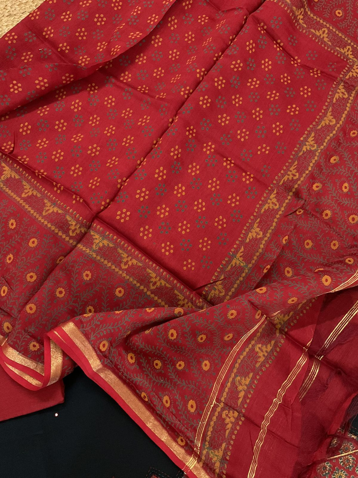 Pure Cotton Printed Embroidered Suit - Black