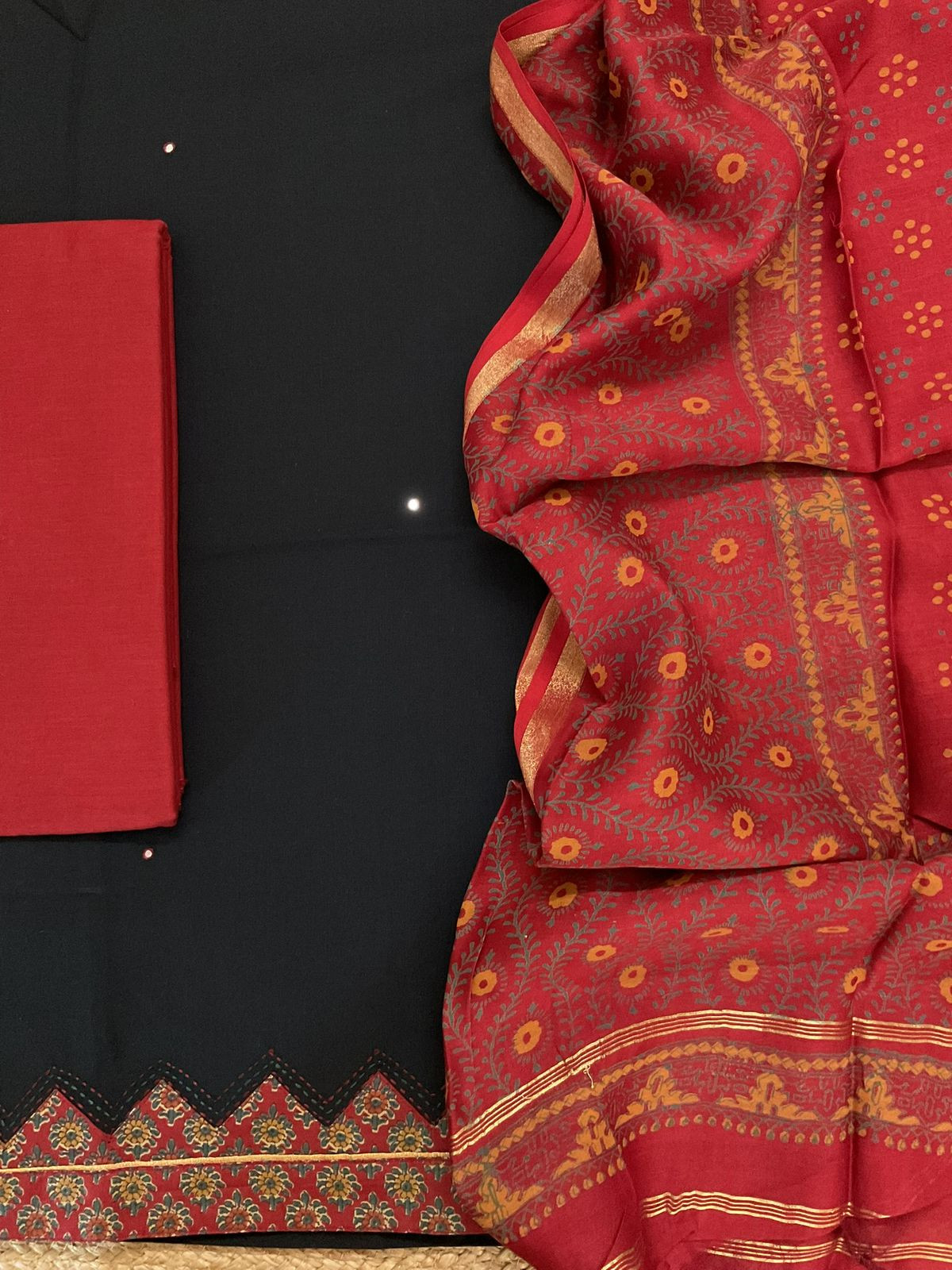 Pure Cotton Printed Embroidered Suit - Black