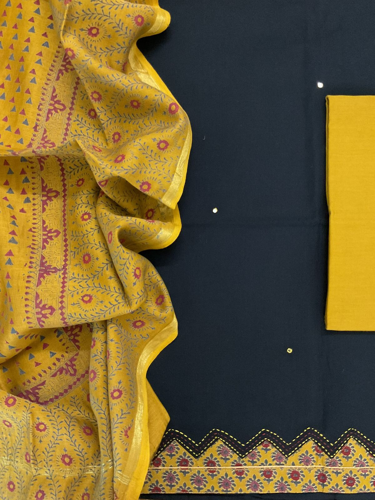 Pure Cotton Printed Embroidered Suit - Black