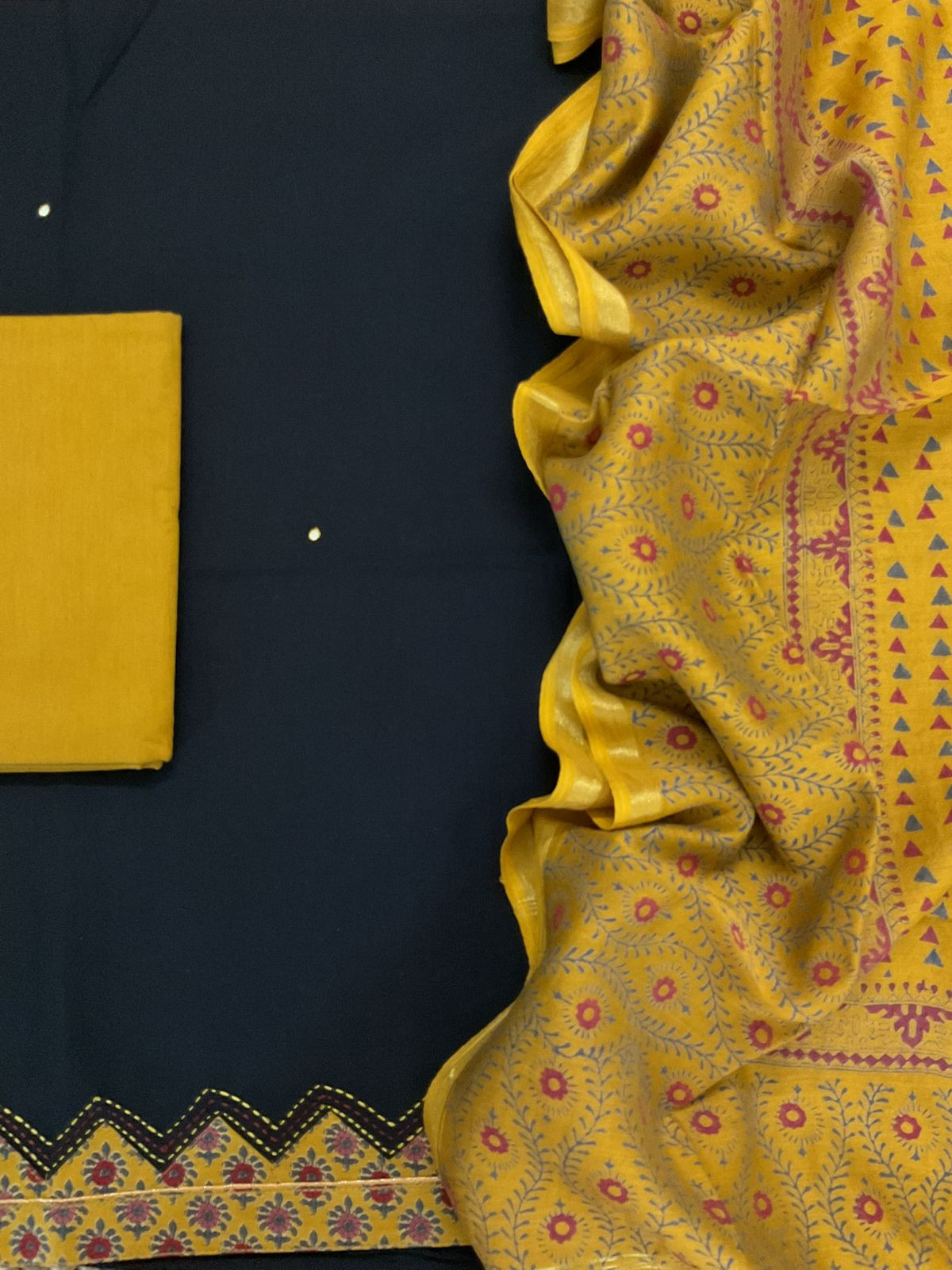 Pure Cotton Printed Embroidered Suit - Black