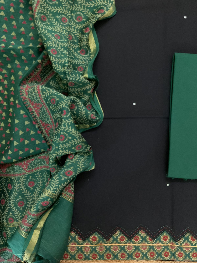 Image of Pure Cotton Printed Embroidered Suit - Black