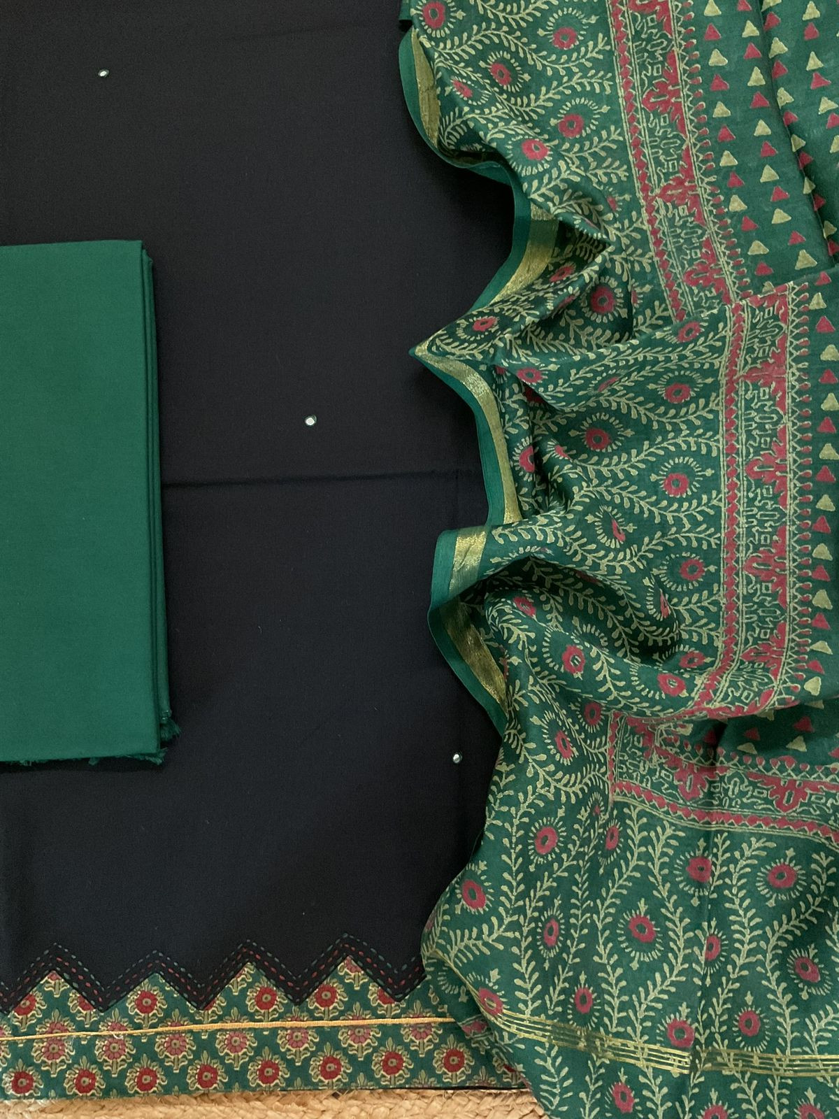 Pure Cotton Printed Embroidered Suit - Black