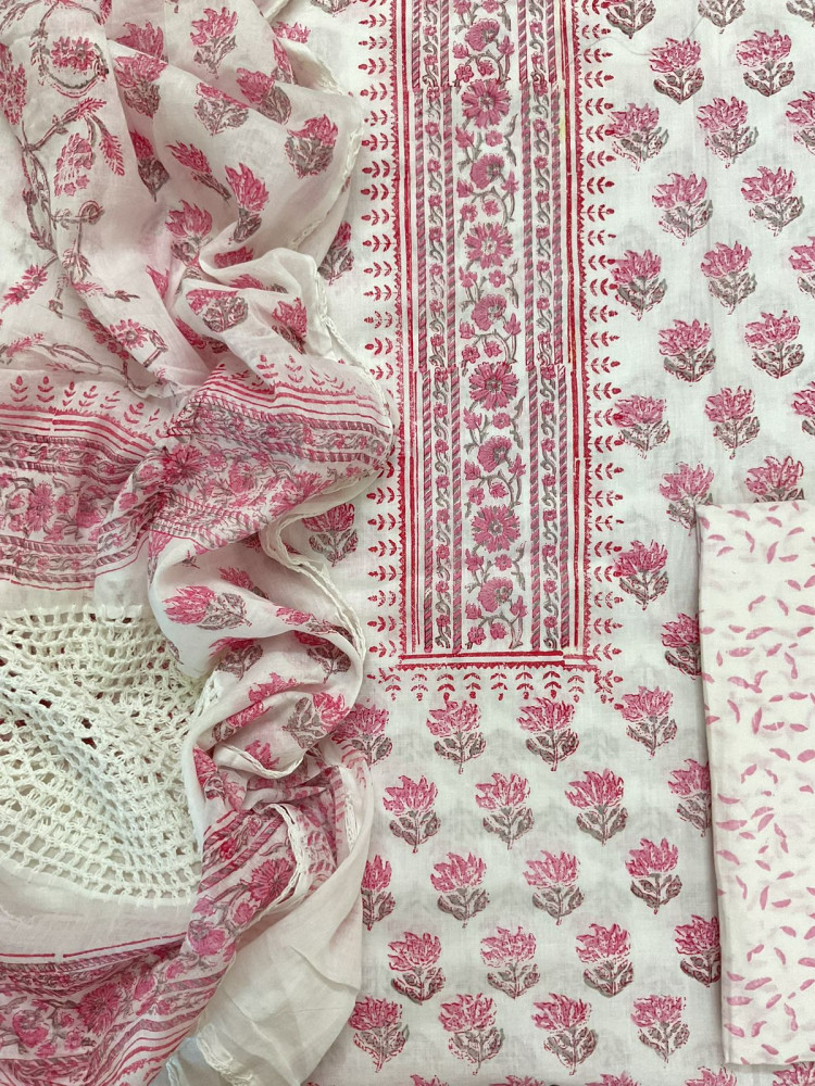 Image of Pure Cotton Printed Embroidered Suit - White