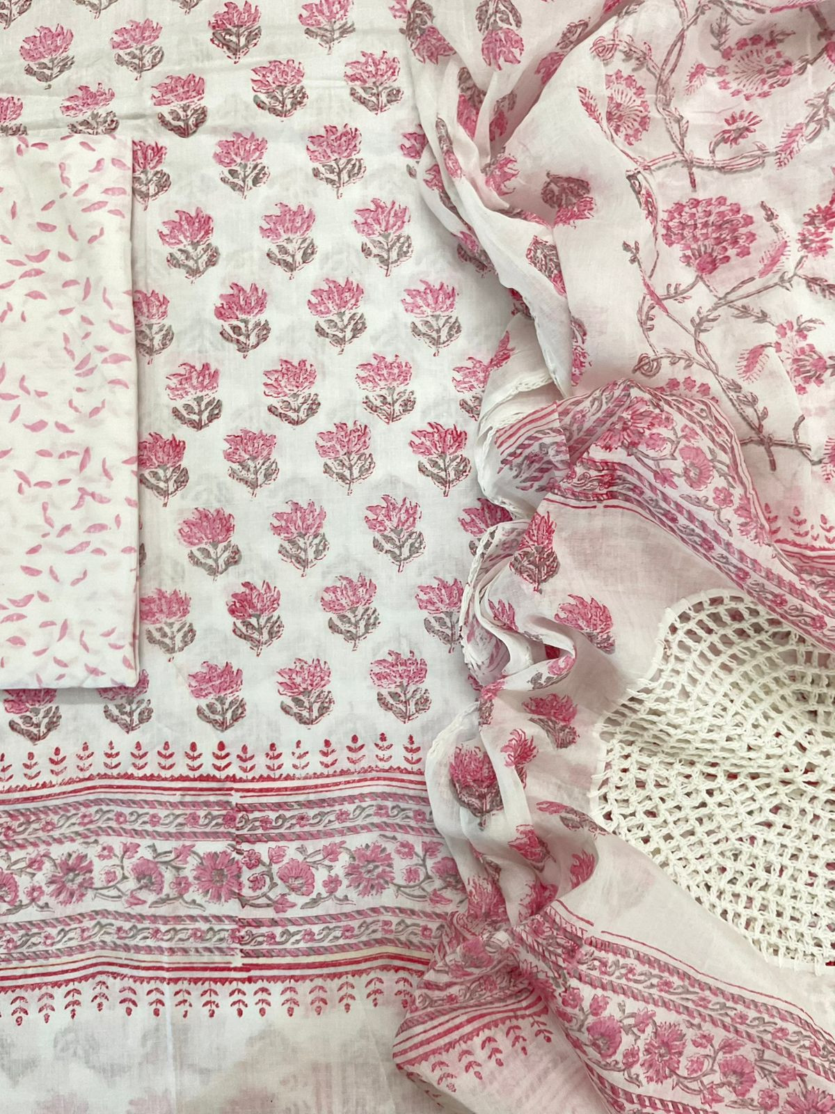 Pure Cotton Printed Embroidered Suit - White