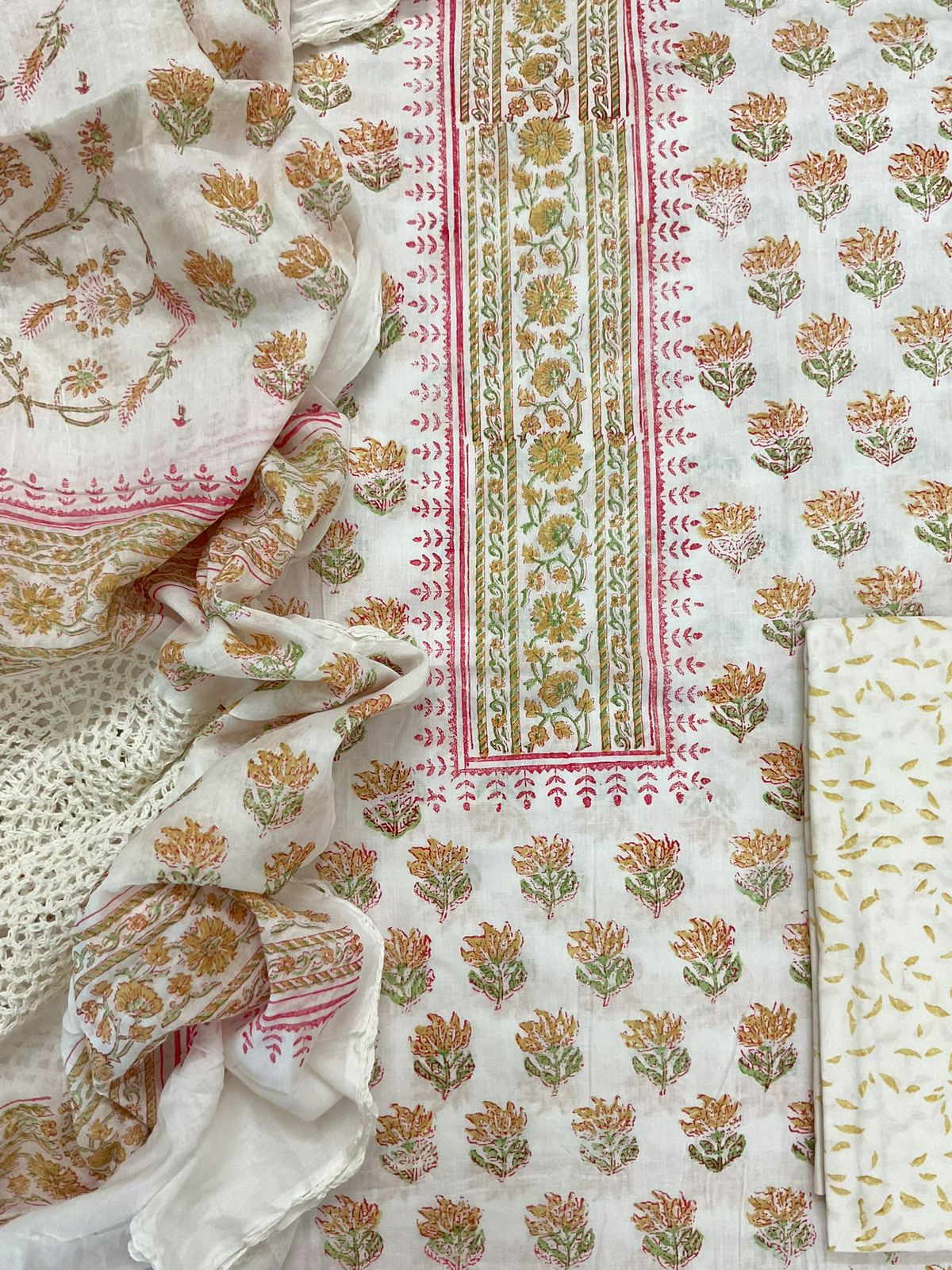 Pure Cotton Printed Embroidered Suit - White