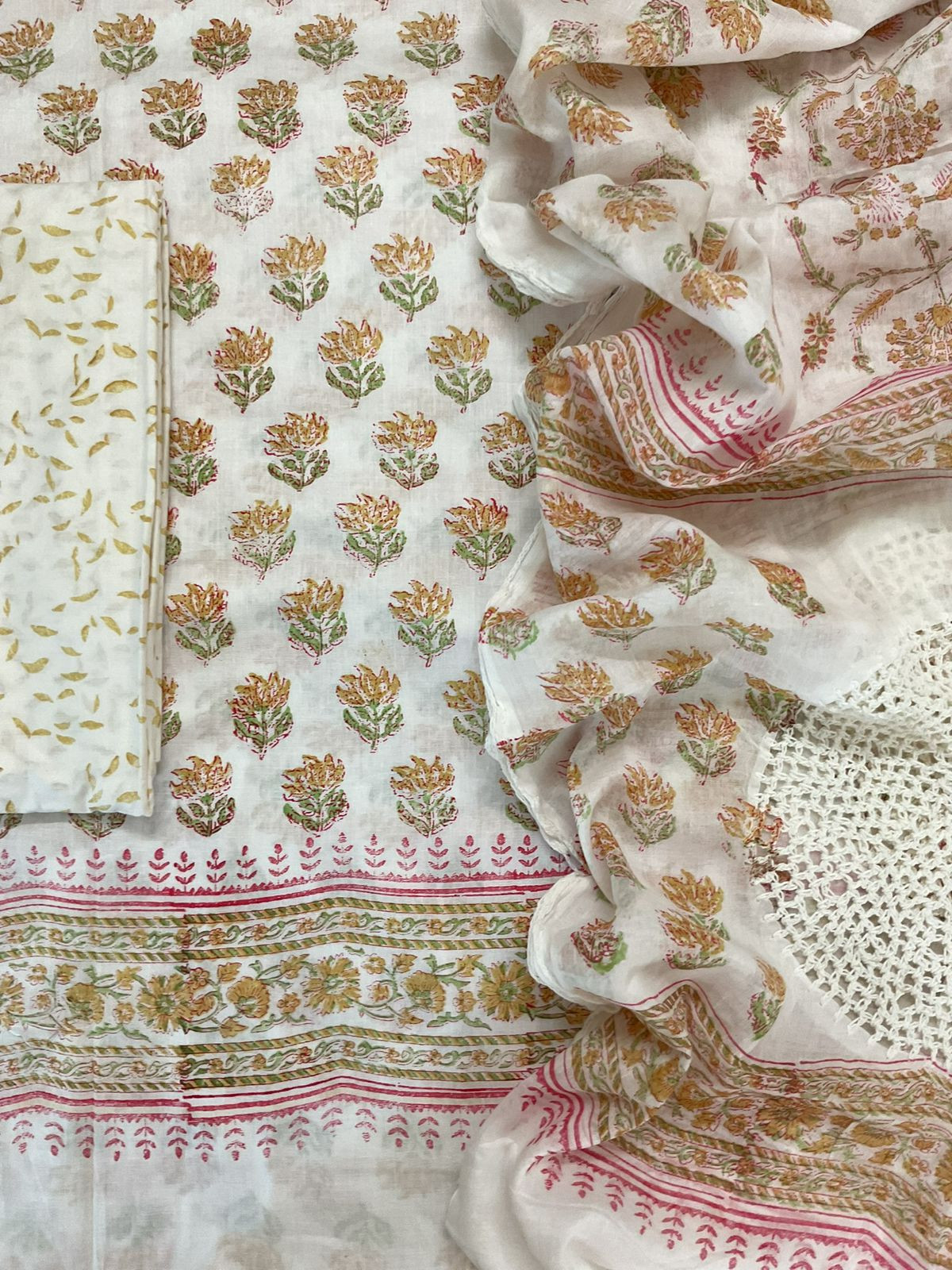 Pure Cotton Printed Embroidered Suit - White