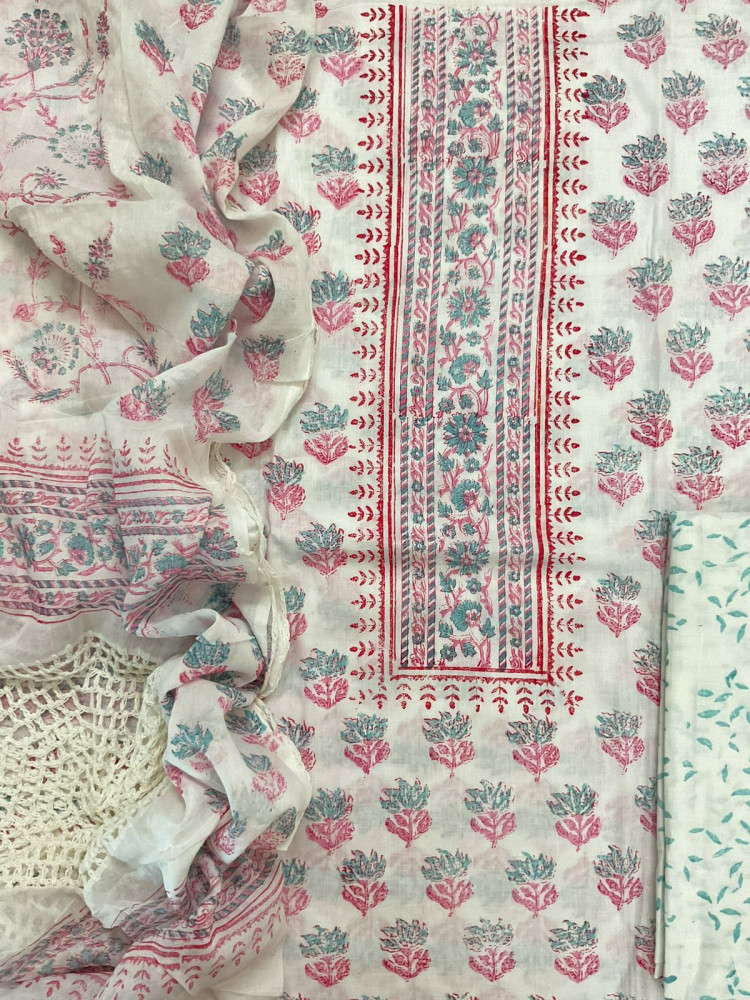 Image of Pure Cotton Printed Embroidered Suit - White