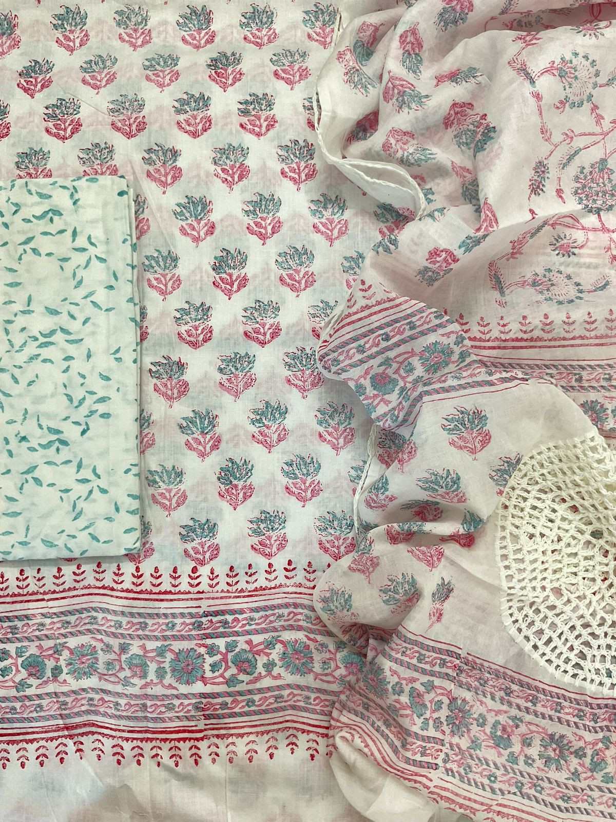 Pure Cotton Printed Embroidered Suit - White