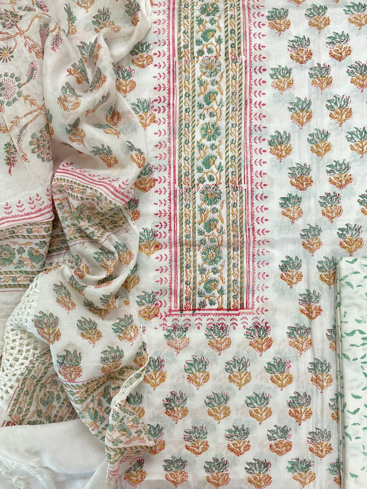 Pure Cotton Printed Embroidered Suit - White