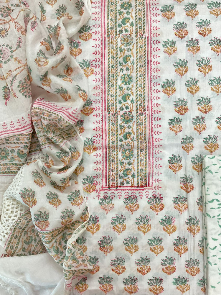 Image of Pure Cotton Printed Embroidered Suit - White
